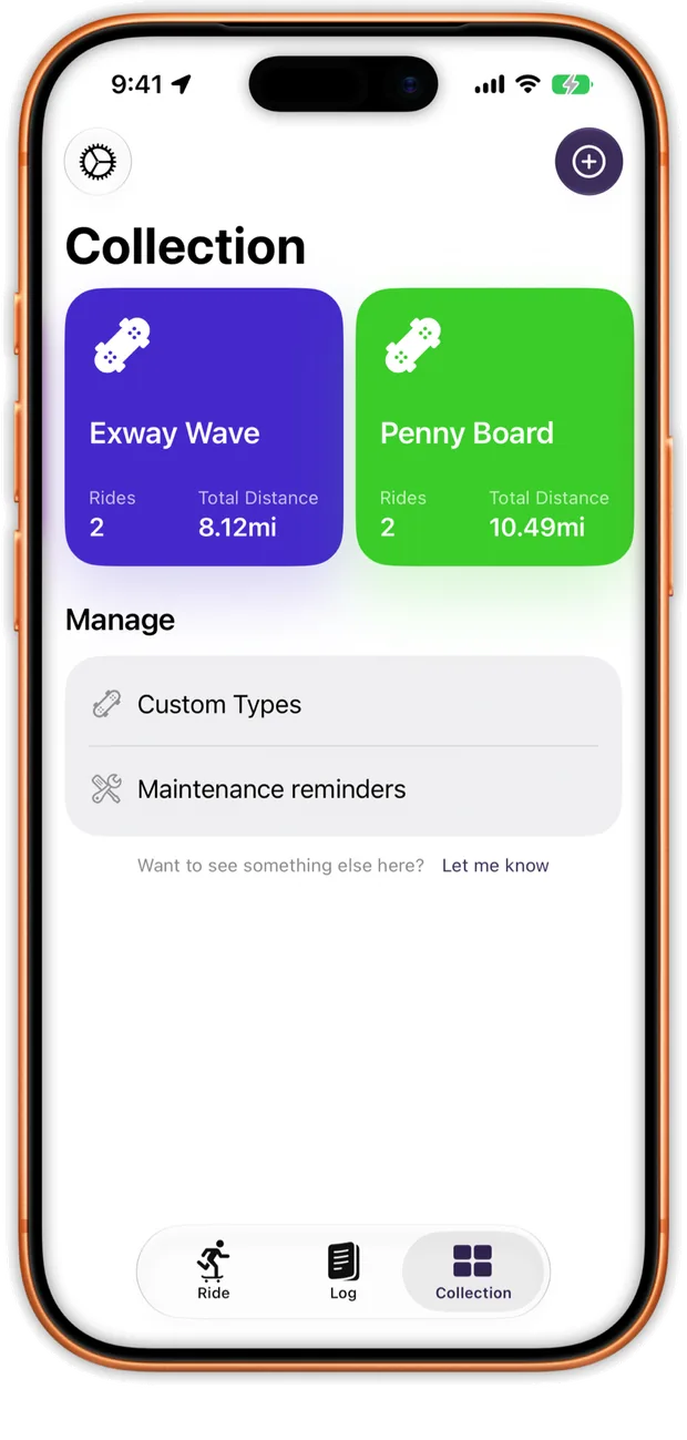 The Wheels collection screen listing an Exway Wave and a Penny Board with ride counts and distances