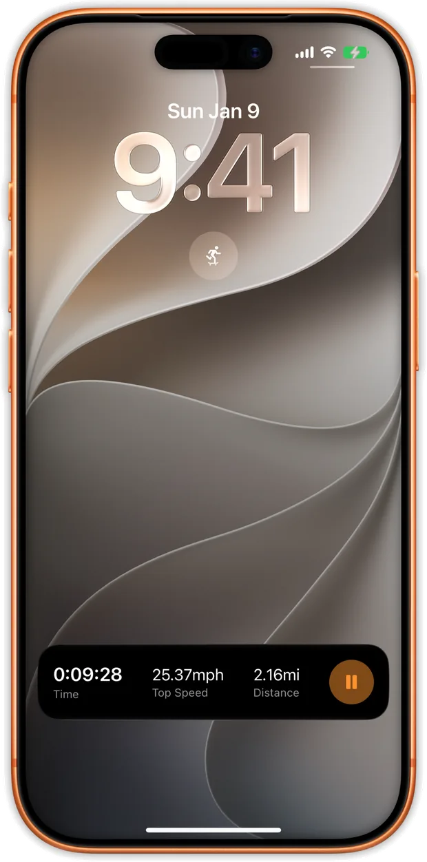 A Wheels Live Activity on the Lock Screen with time, top speed and distance