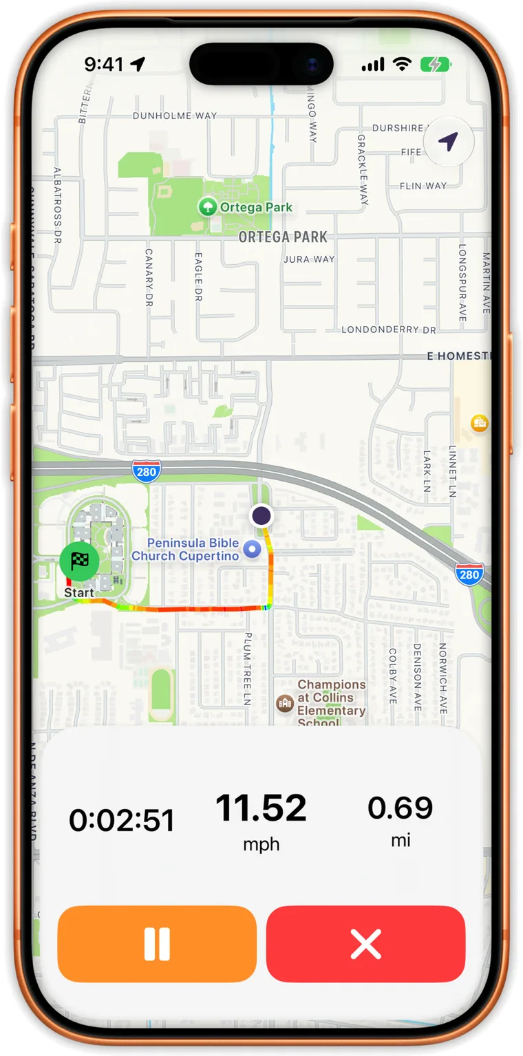 A ride in progress in Wheels, with a colour-graded route map, 11.52 mph and 0.69 miles